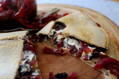 Blackpudding, Goats Cheese and Carmelised red Onion Savoury Crepé